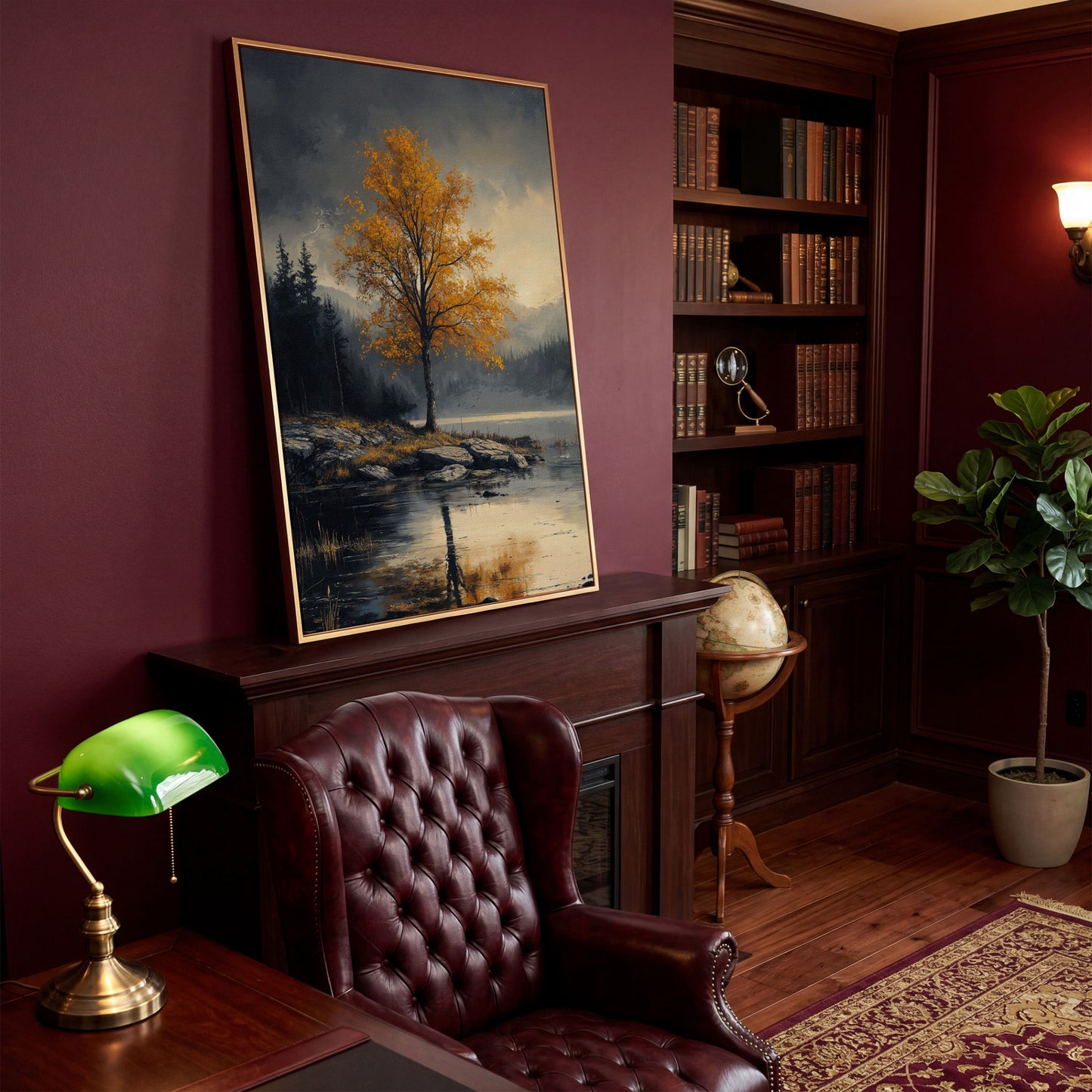 Golden Tree by Lake Canvas Print | Autumn Landscape in antique gold floating frame