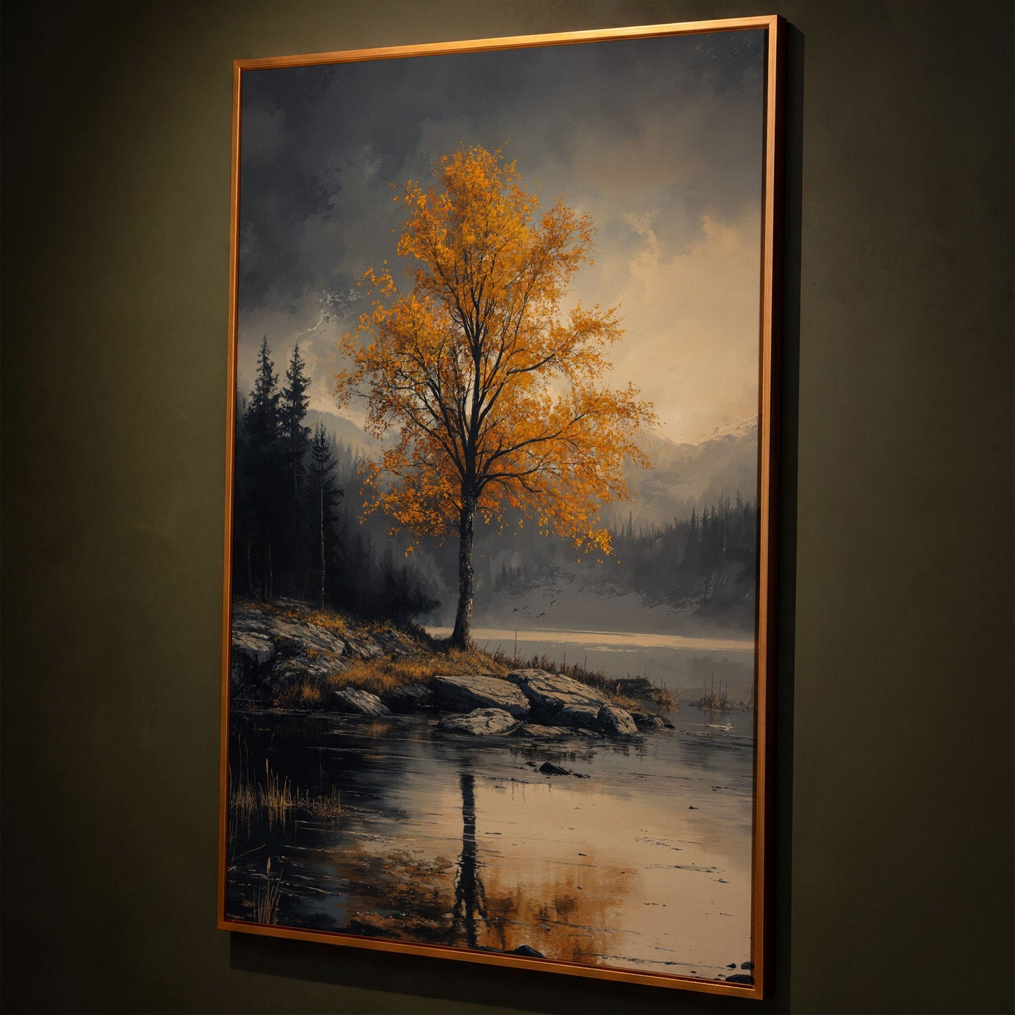 Golden Tree by Lake Canvas Print | Autumn Landscape shown in antique gold floating frame