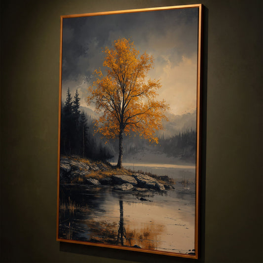 Golden Tree by Lake Canvas Print | Autumn Landscape shown in antique gold floating frame