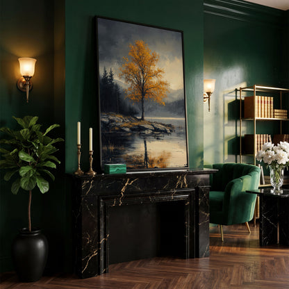 Golden Tree by Lake Canvas Print | Autumn Landscape in black floating frame