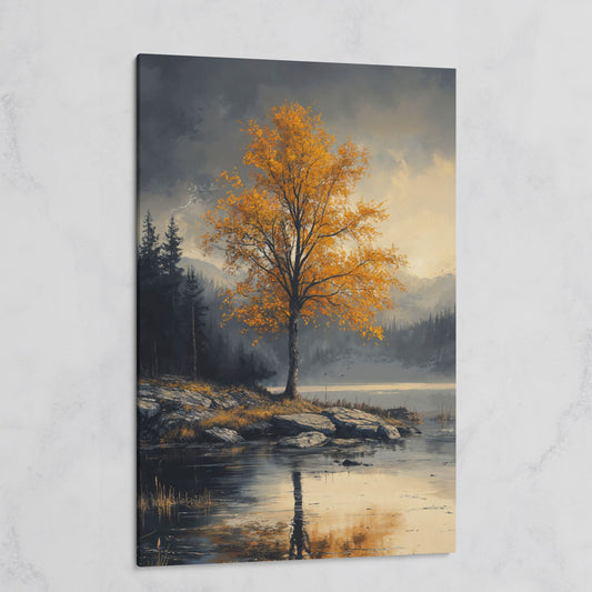 Golden Tree by Lake Canvas Print | Autumn Landscape on gallery wrap