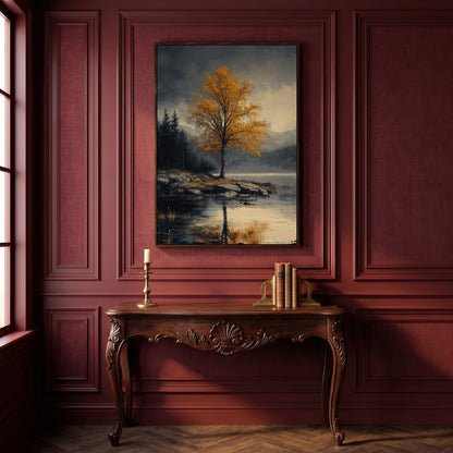 Golden Tree by Lake Canvas Print | Autumn Landscape in dark walnut floating frame