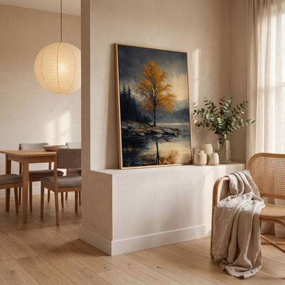 Golden Tree by Lake Canvas Print | Autumn Landscape in white oak floating frame