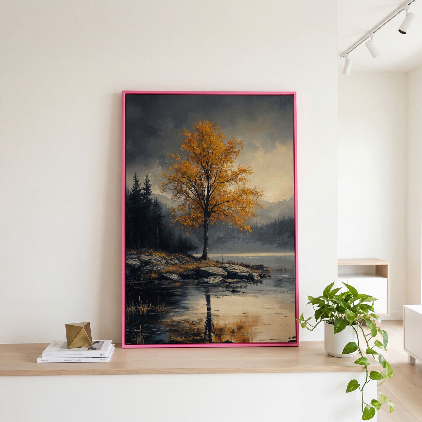Golden Tree by Lake Canvas Print | Autumn Landscape in pink floating frame
