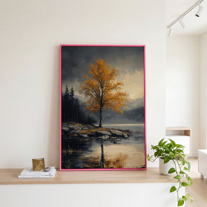 Golden Tree by Lake Canvas Print | Autumn Landscape in pink floating frame