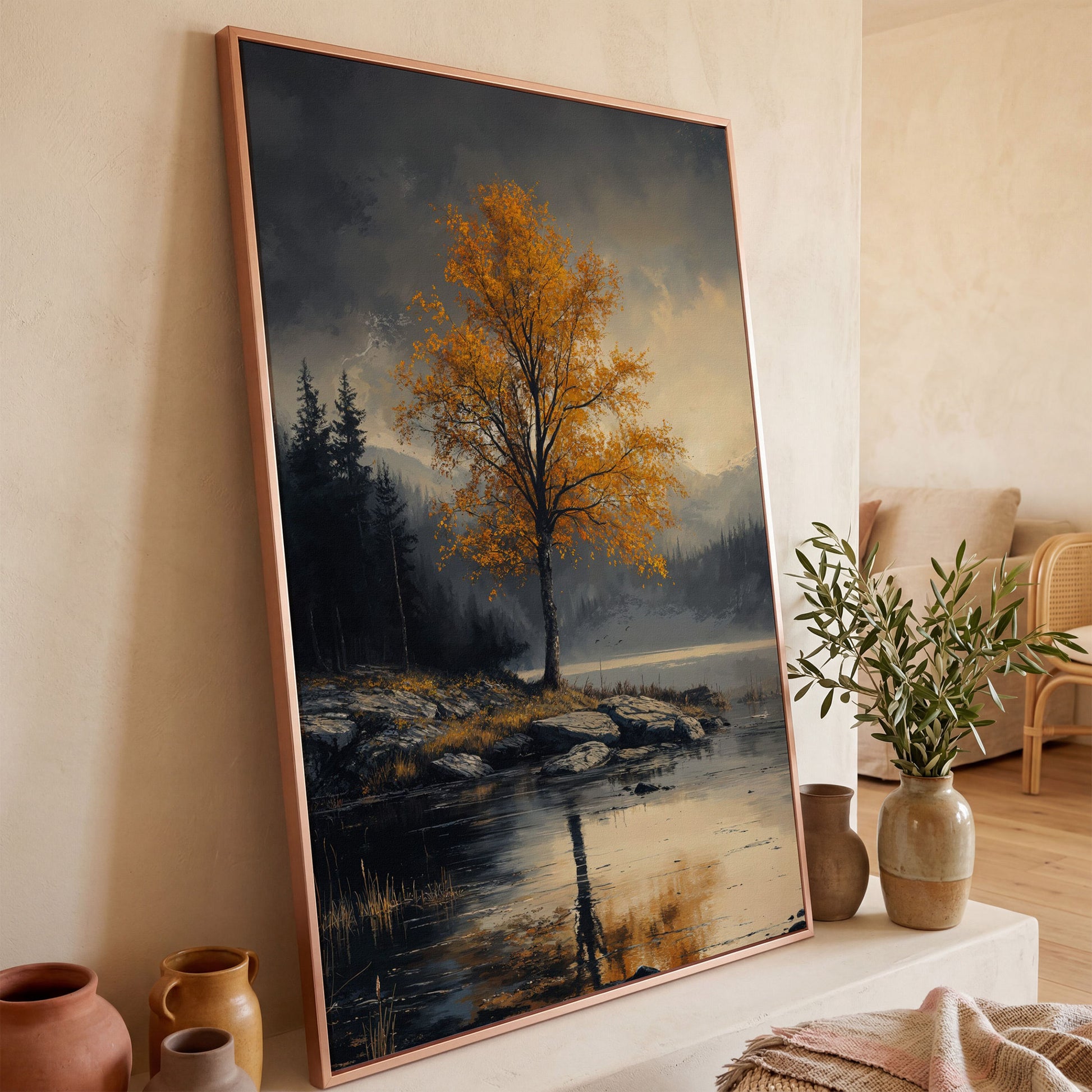 Golden Tree by Lake Canvas Print | Autumn Landscape in rose gold floating frame