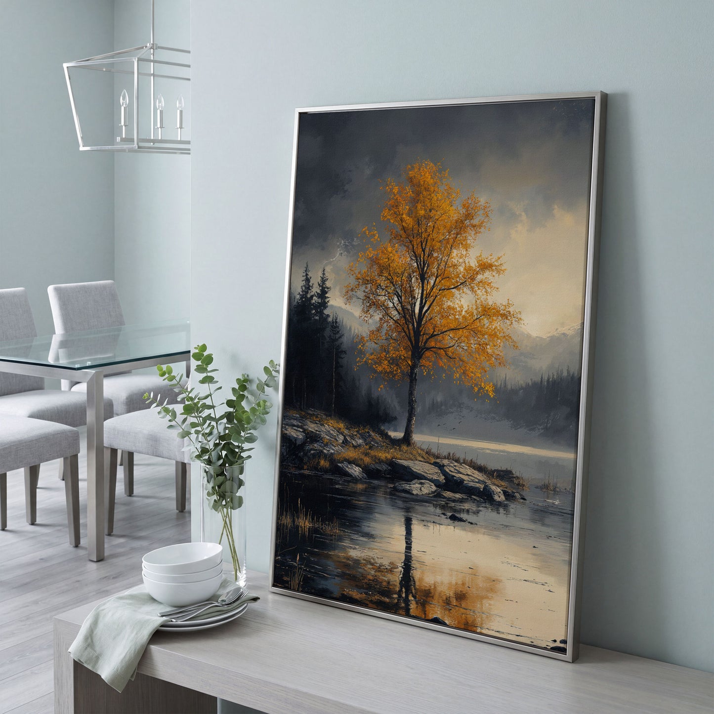 Golden Tree by Lake Canvas Print | Autumn Landscape in silver floating frame