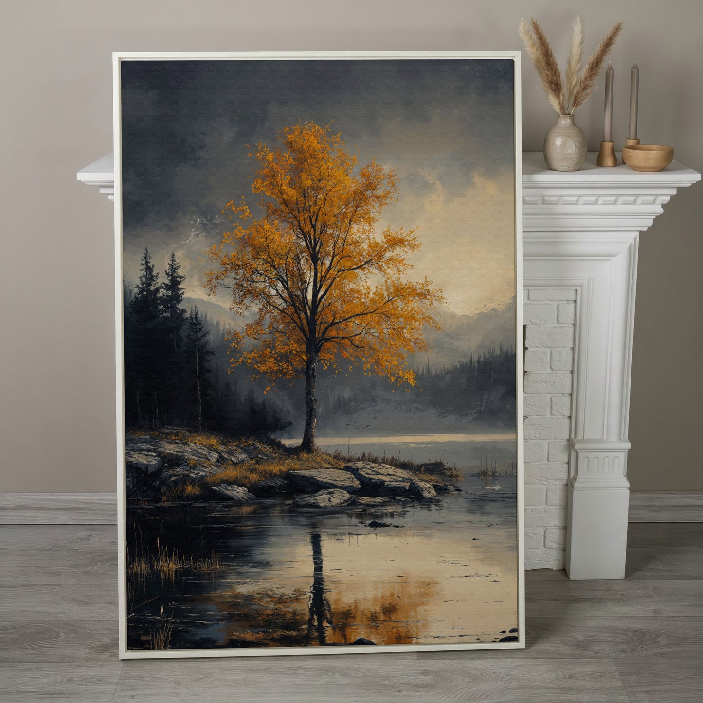 Golden Tree by Lake Canvas Print | Autumn Landscape in white floating frame