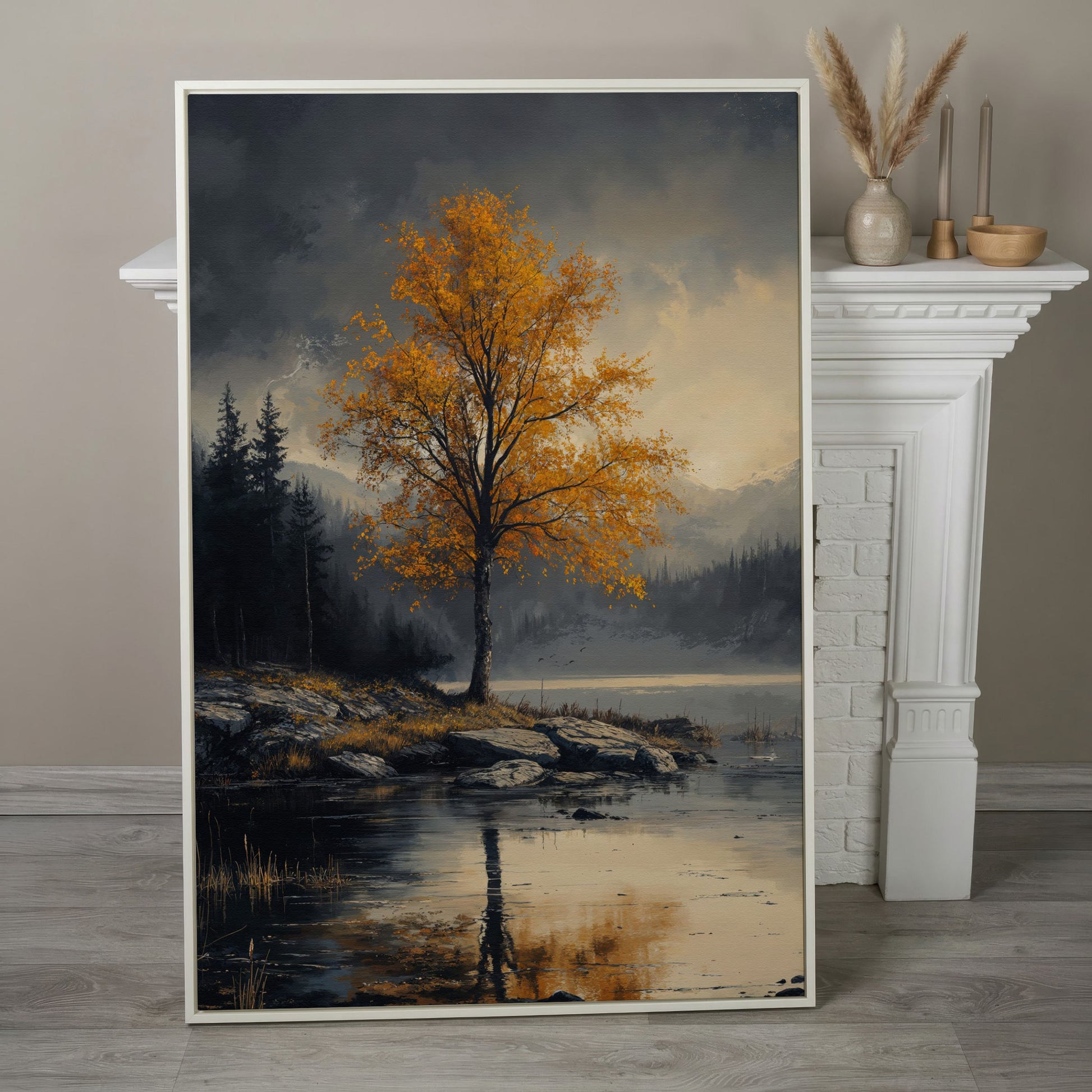 Golden Tree by Lake Canvas Print | Autumn Landscape in white floating frame