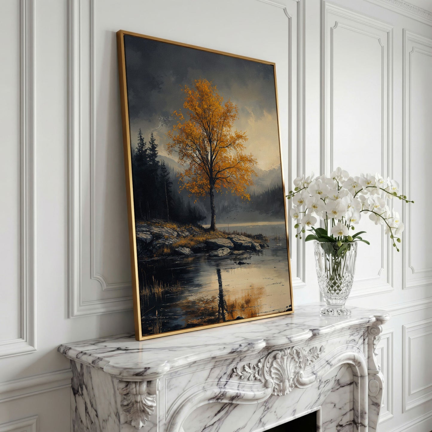 Golden Tree by Lake Canvas Print | Autumn Landscape in yellow gold floating frame