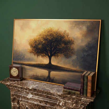 Solitary Tree on Reflective Lake Canvas in antique gold floating frame