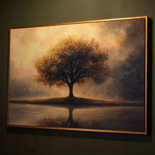 Solitary Tree on Reflective Lake Canvas shown in antique gold floating frame