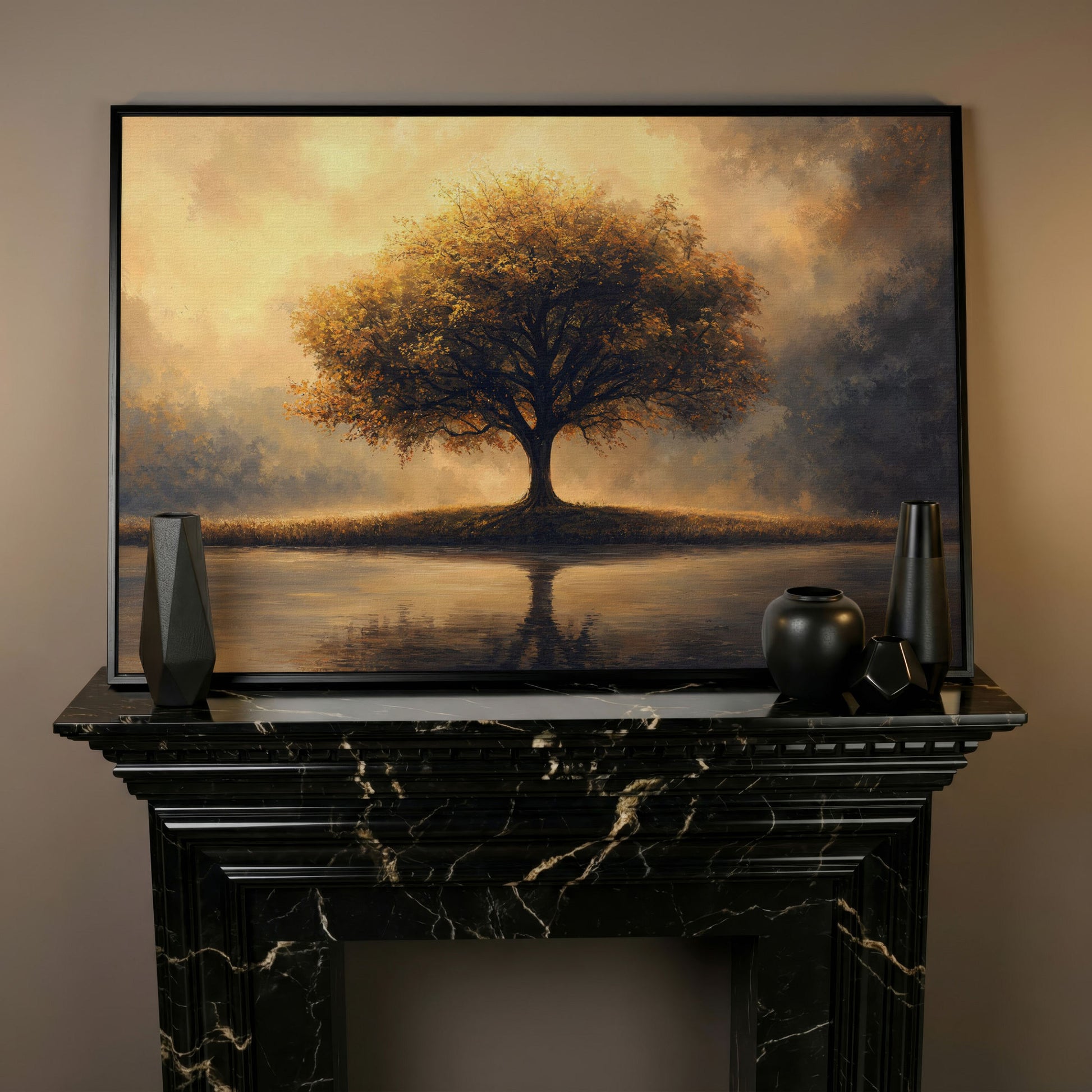 Solitary Tree on Reflective Lake Canvas in black floating frame