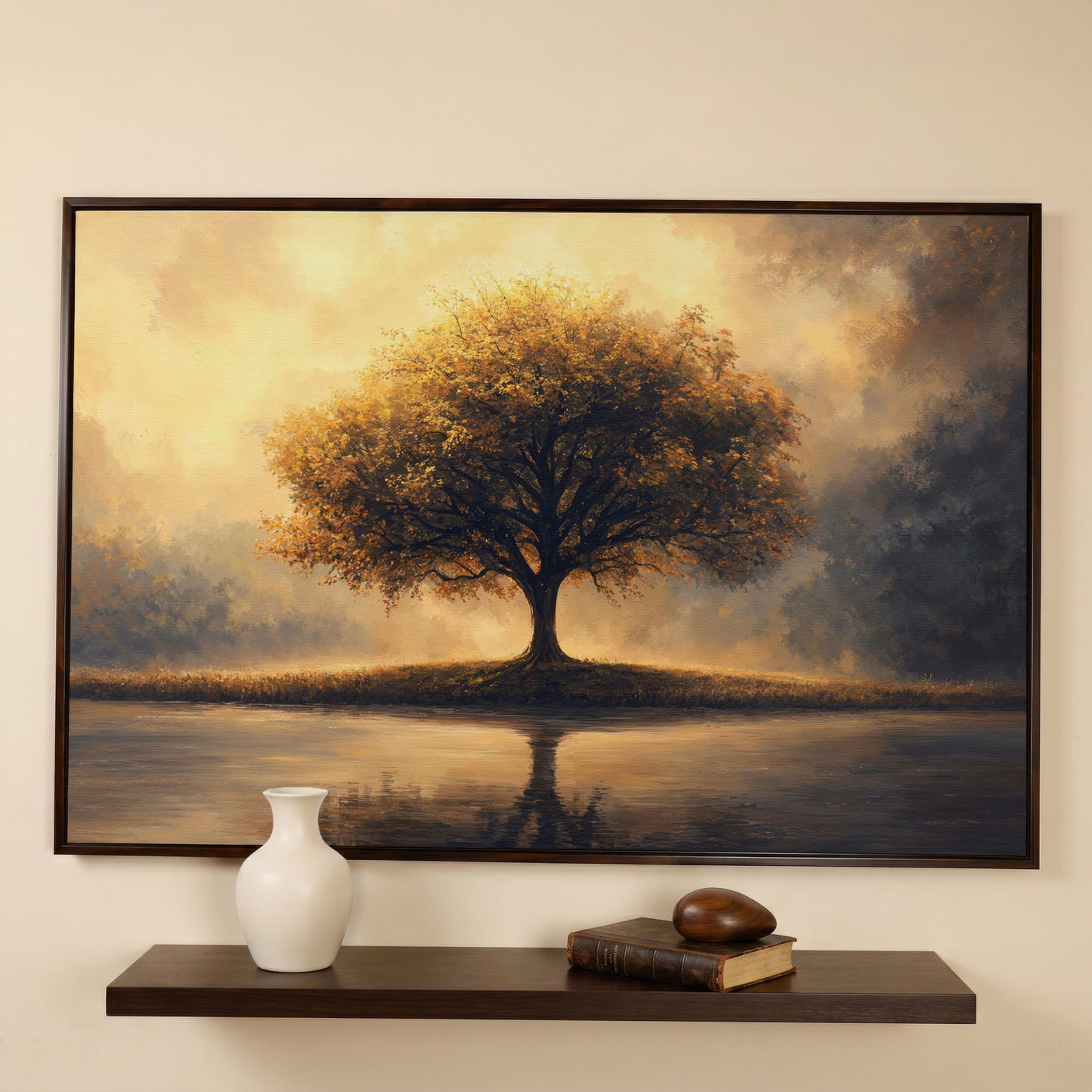 Solitary Tree on Reflective Lake Canvas in dark walnut floating frame