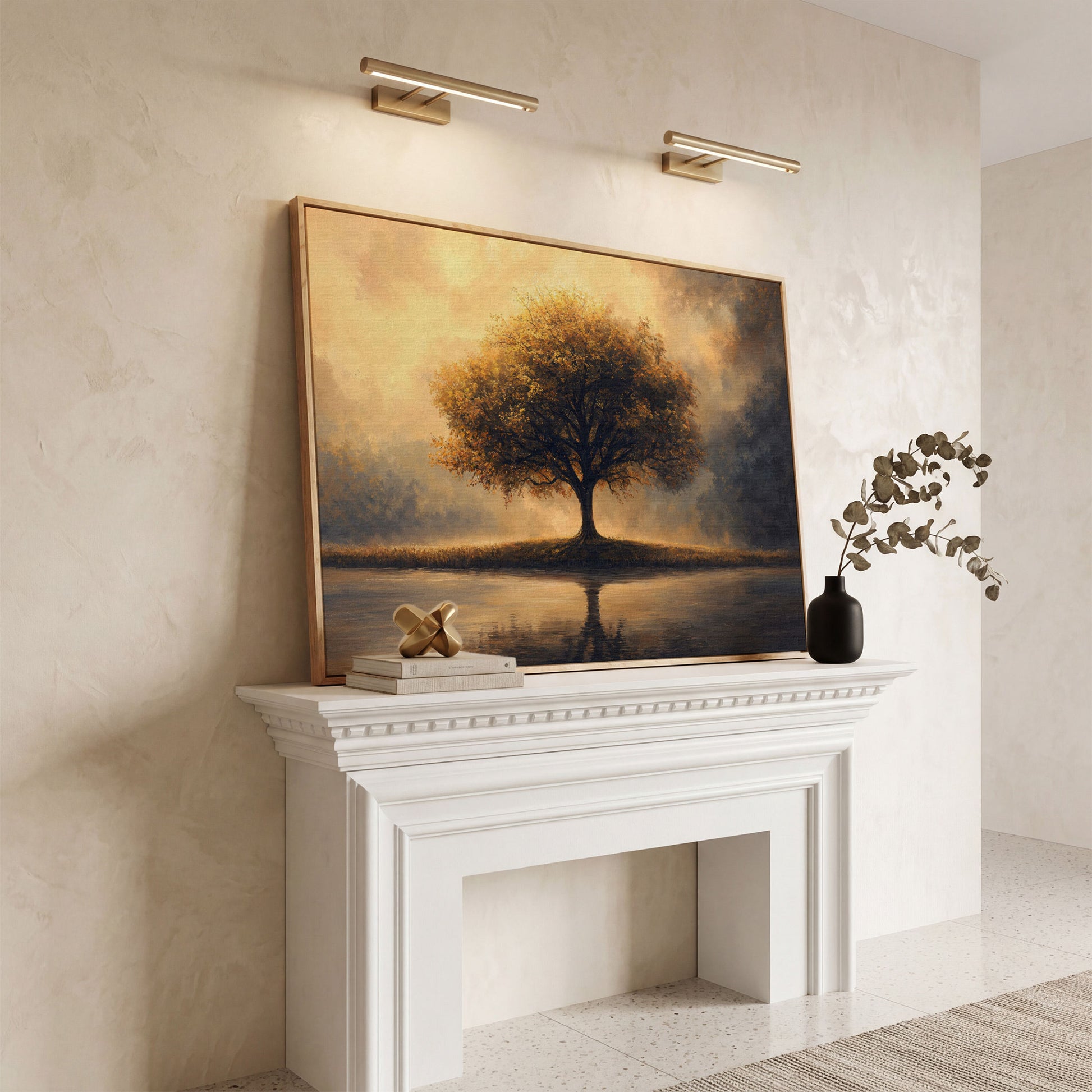Solitary Tree on Reflective Lake Canvas in white oak floating frame