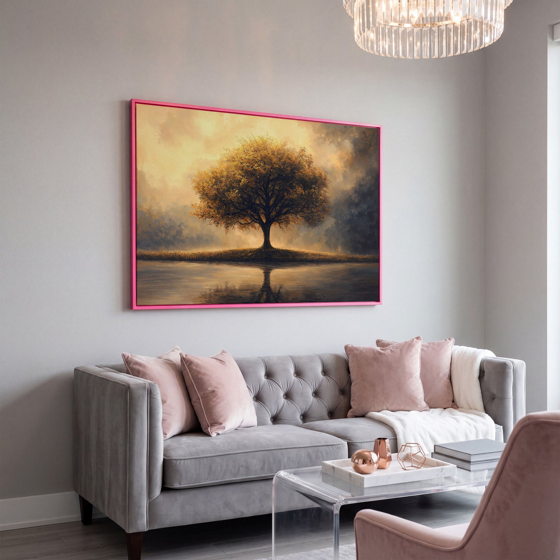 Solitary Tree on Reflective Lake Canvas in pink floating frame