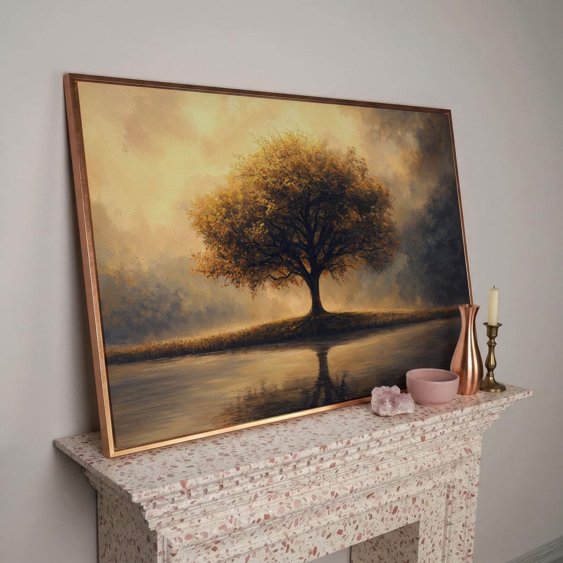 Solitary Tree on Reflective Lake Canvas in rose gold floating frame