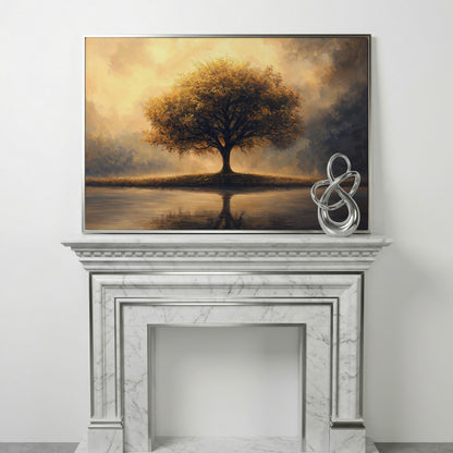 Solitary Tree on Reflective Lake Canvas in silver floating frame