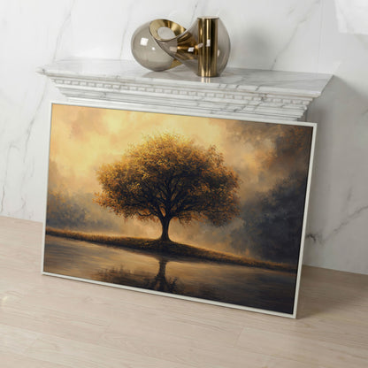 Solitary Tree on Reflective Lake Canvas in white floating frame