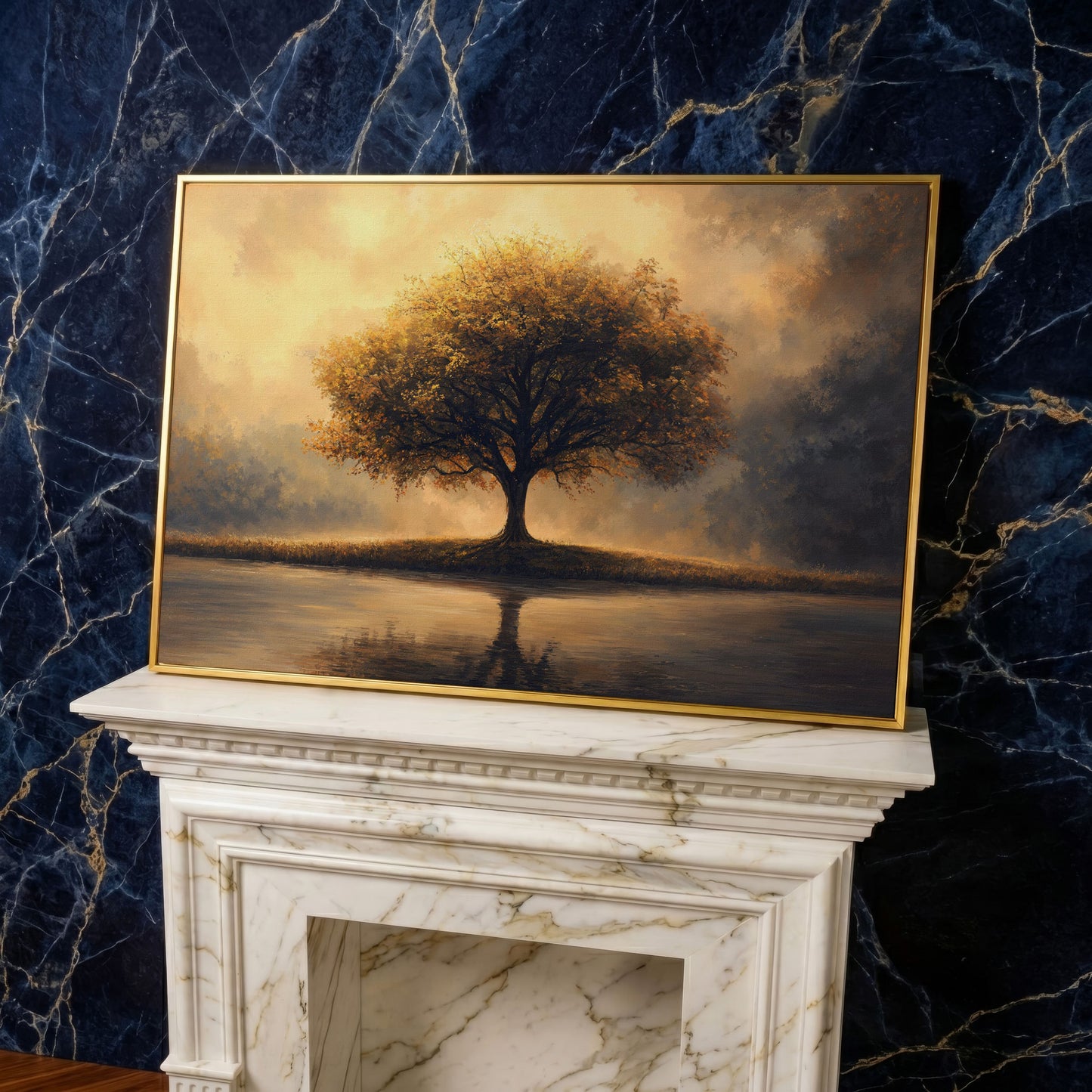 Solitary Tree on Reflective Lake Canvas in yellow gold floating frame