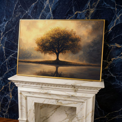 Solitary Tree on Reflective Lake Canvas in yellow gold floating frame
