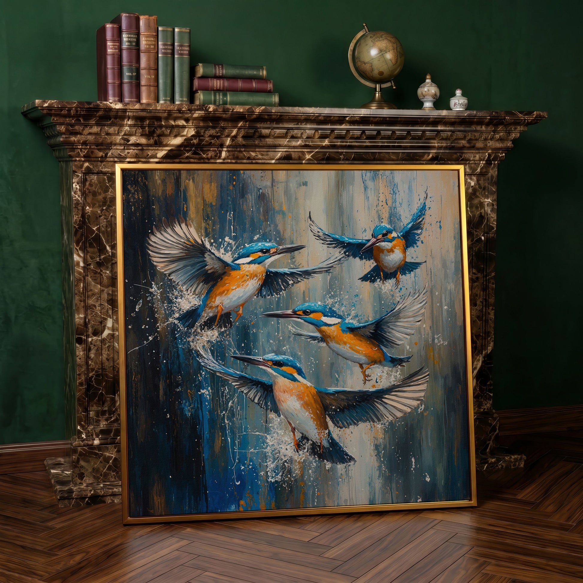 Kingfishers in Flight Canvas in antique gold floating frame