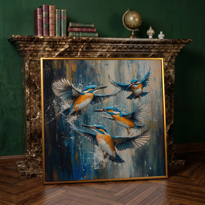 Kingfishers in Flight Canvas in antique gold floating frame