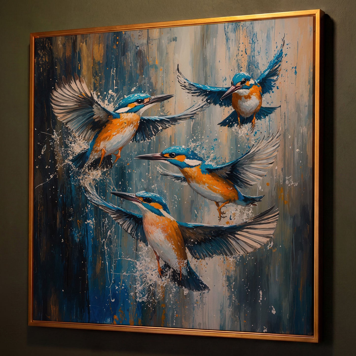 Kingfishers in Flight Canvas shown in antique gold floating frame