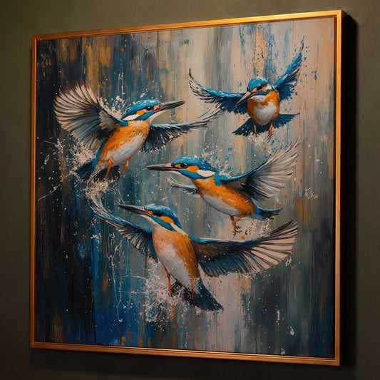 Kingfishers in Flight Canvas shown in antique gold floating frame