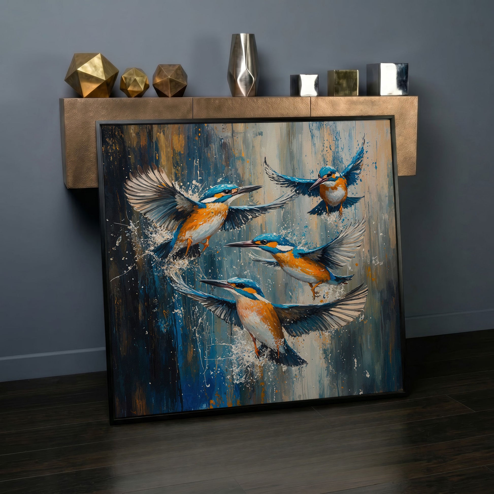 Kingfishers in Flight Canvas in black floating frame