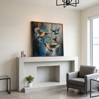Kingfishers in Flight Canvas in dark walnut floating frame