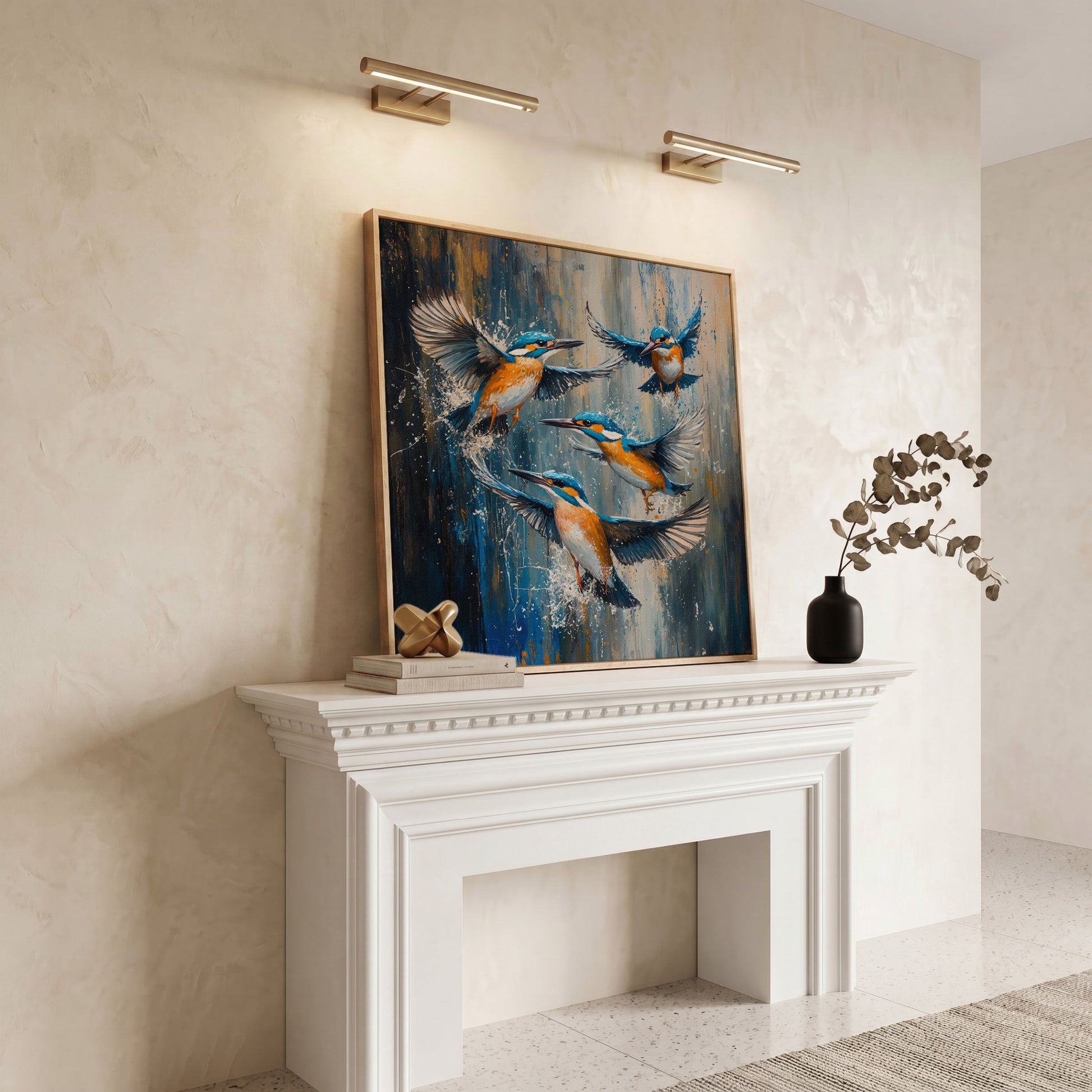 Kingfishers in Flight Canvas in white oak floating frame