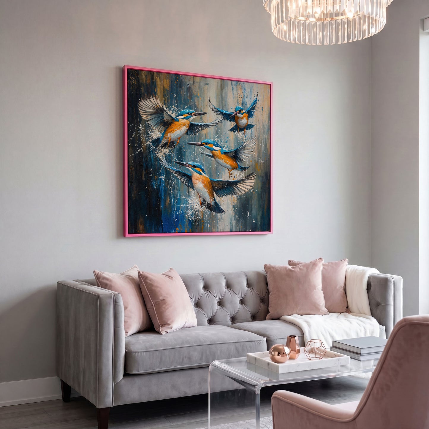 Kingfishers in Flight Canvas in pink floating frame