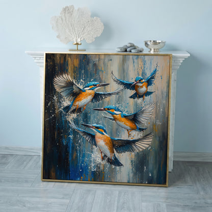 Kingfishers in Flight Canvas in rose gold floating frame