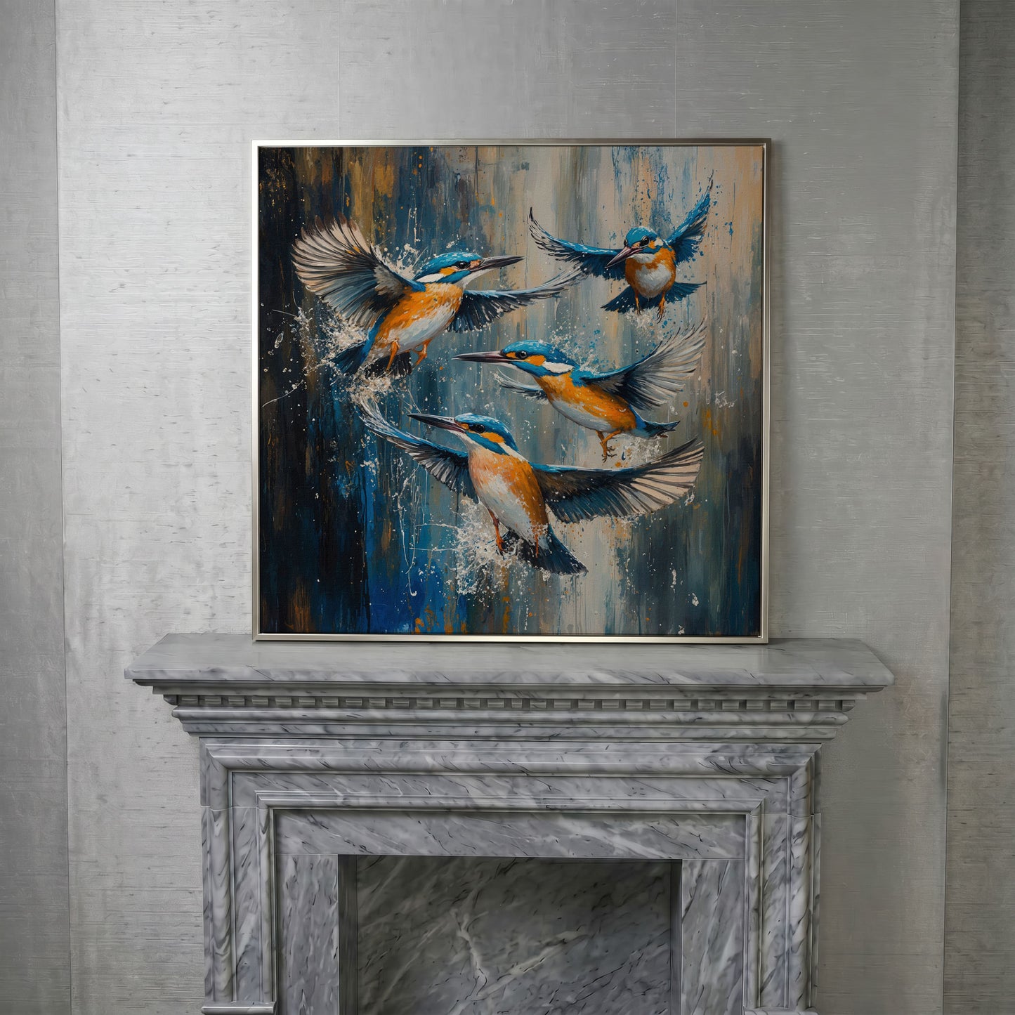 Kingfishers in Flight Canvas in silver floating frame