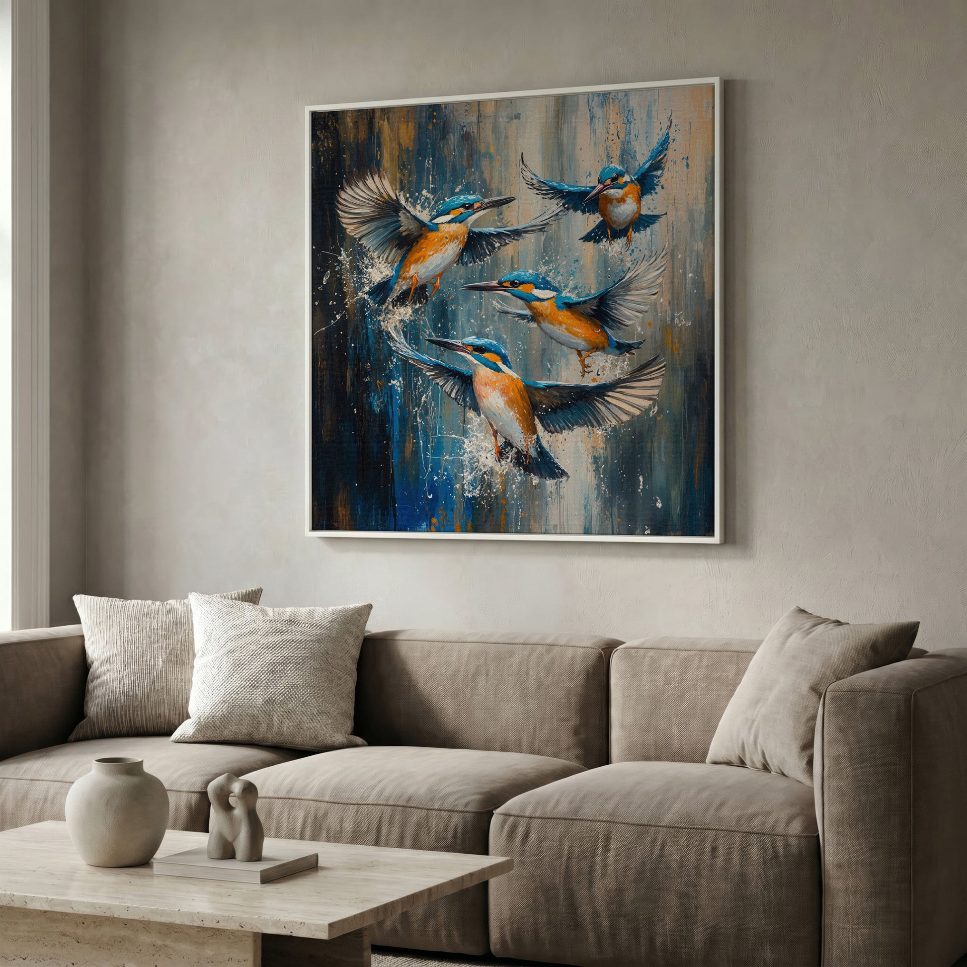 Kingfishers in Flight Canvas in white floating frame