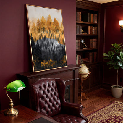 Abstract Forest Trees Canvas Print in Burnt Orange and Gray in antique gold floating frame
