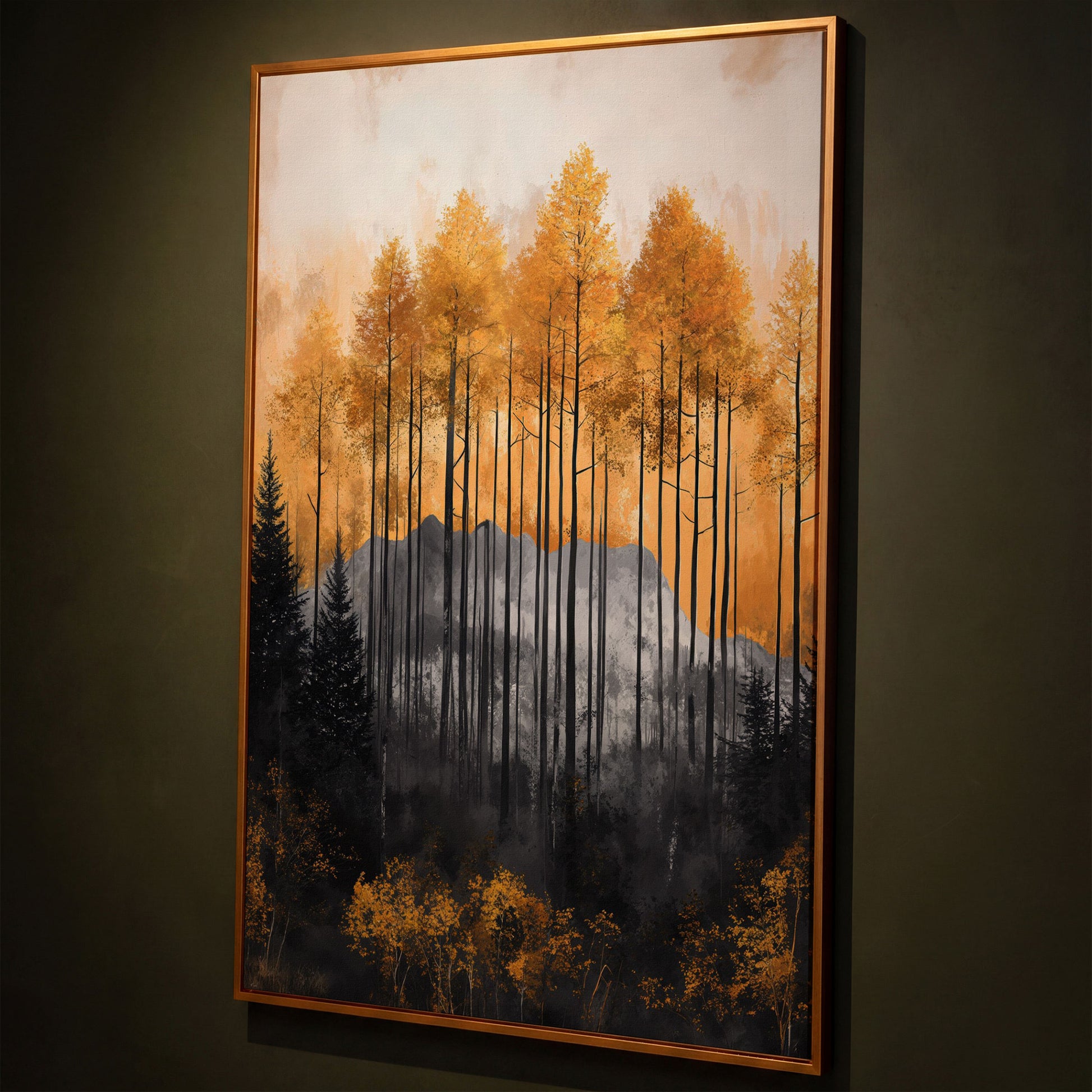 Abstract Forest Trees Canvas Print in Burnt Orange and Gray shown in antique gold floating frame