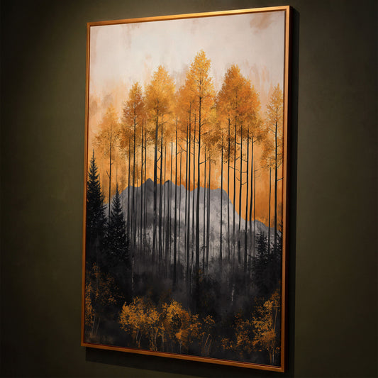 Abstract Forest Trees Canvas Print in Burnt Orange and Gray shown in antique gold floating frame