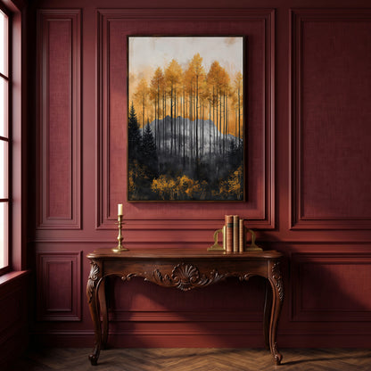 Abstract Forest Trees Canvas Print in Burnt Orange and Gray in dark walnut floating frame