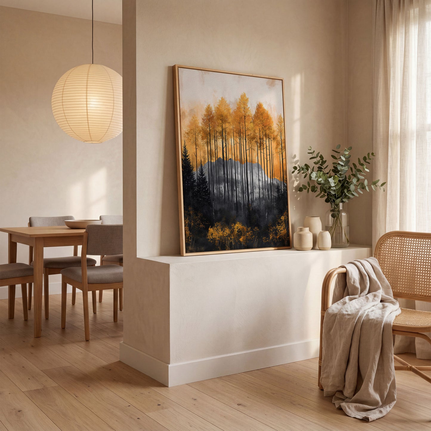 Abstract Forest Trees Canvas Print in Burnt Orange and Gray in white oak floating frame