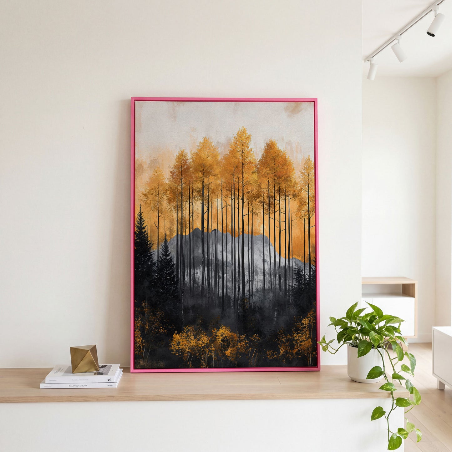 Abstract Forest Trees Canvas Print in Burnt Orange and Gray in pink floating frame
