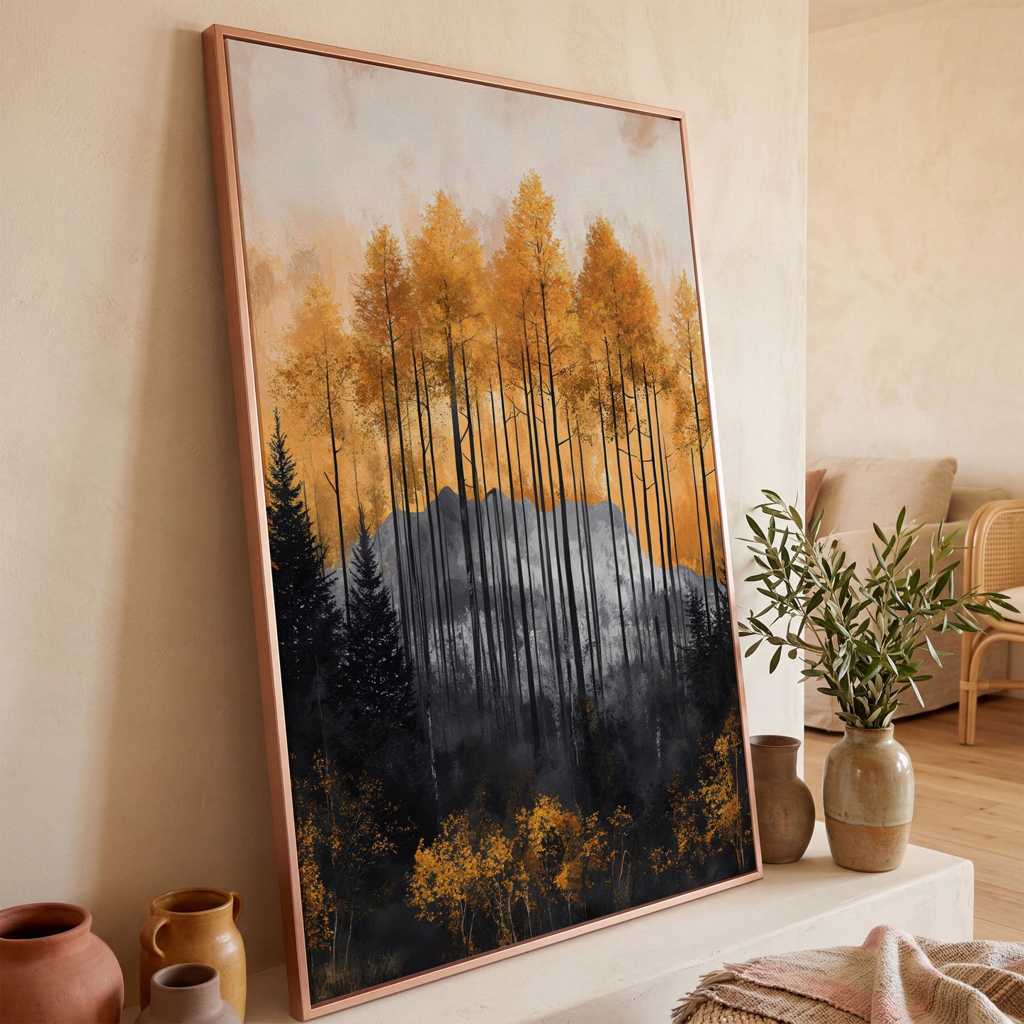 Abstract Forest Trees Canvas Print in Burnt Orange and Gray in rose gold floating frame