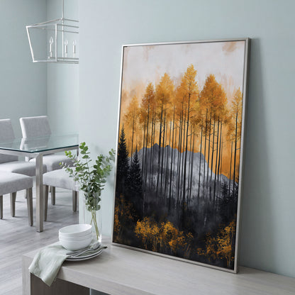 Abstract Forest Trees Canvas Print in Burnt Orange and Gray in silver floating frame