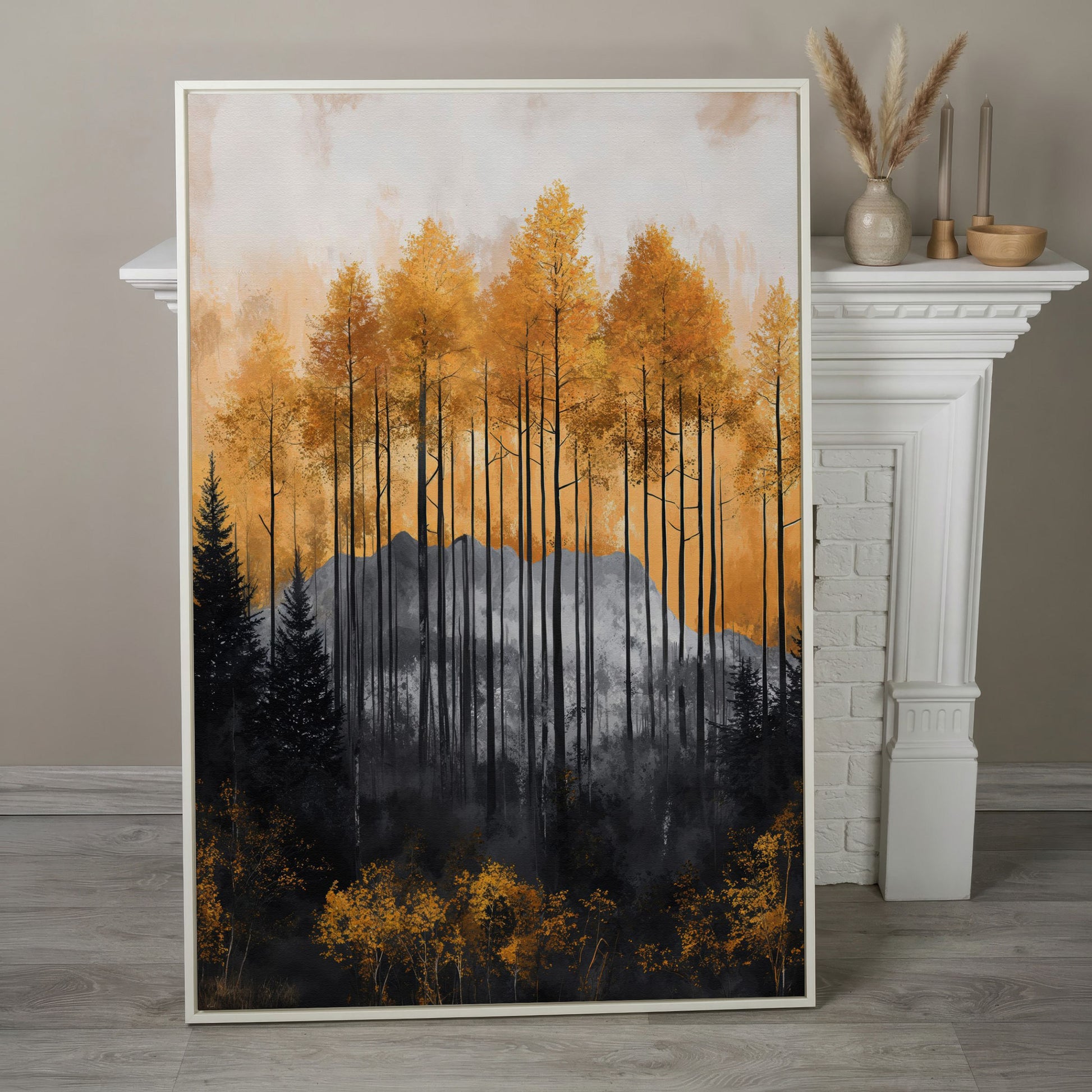 Abstract Forest Trees Canvas Print in Burnt Orange and Gray in white floating frame