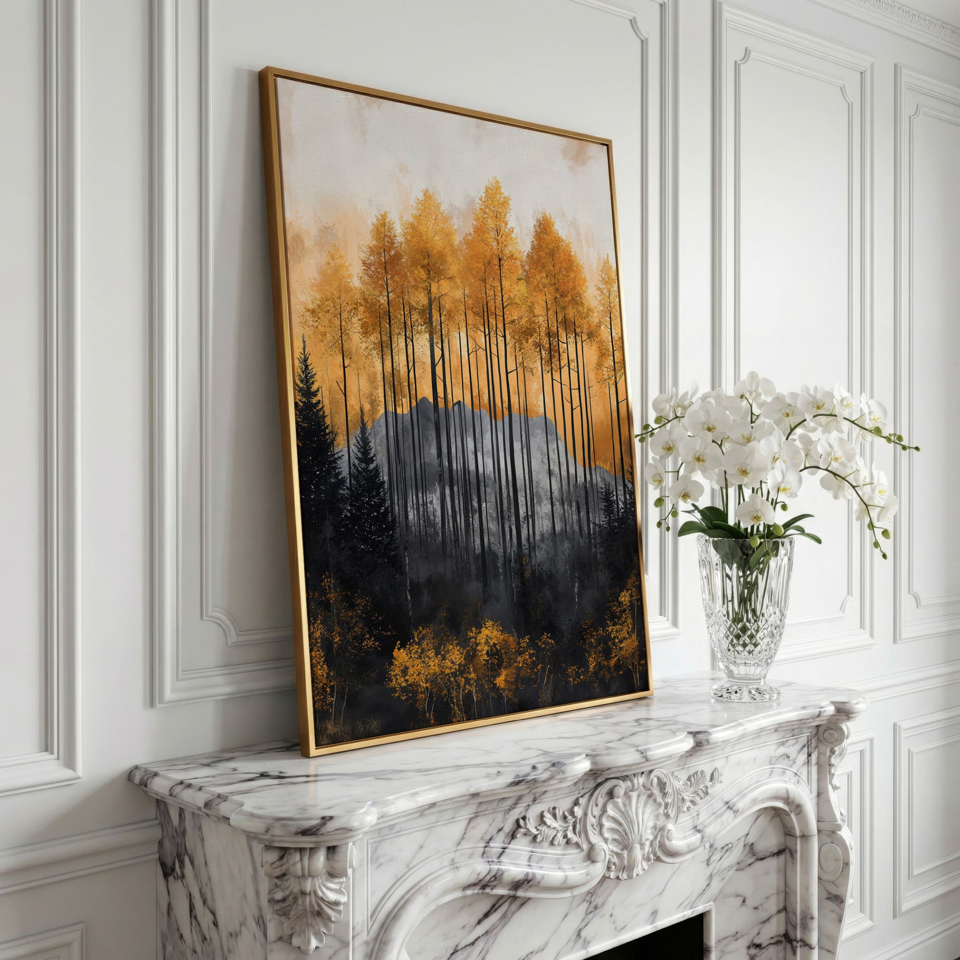 Abstract Forest Trees Canvas Print in Burnt Orange and Gray in yellow gold floating frame