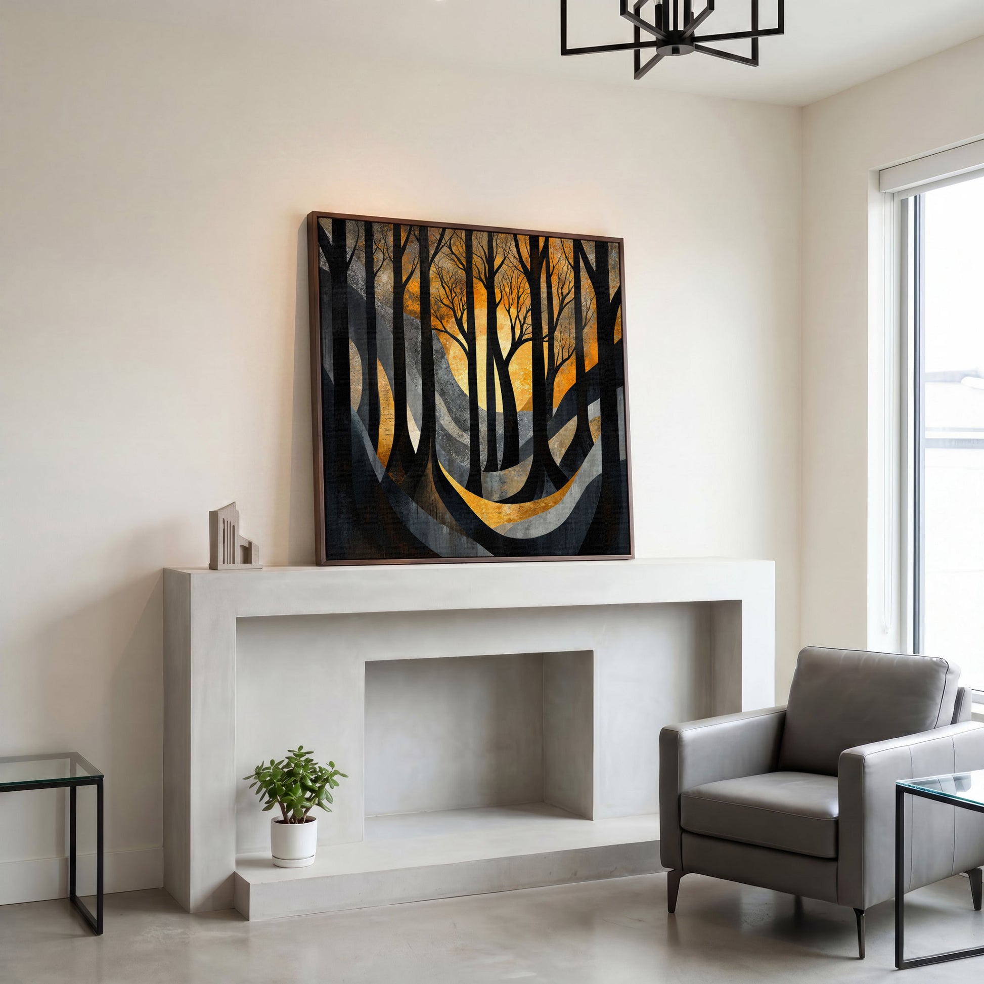 Surreal Forest Landscape Canvas in dark walnut floating frame