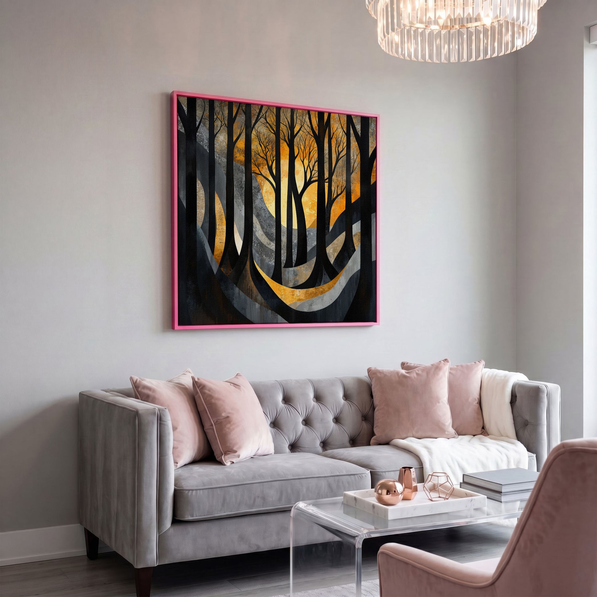 Surreal Forest Landscape Canvas in pink floating frame