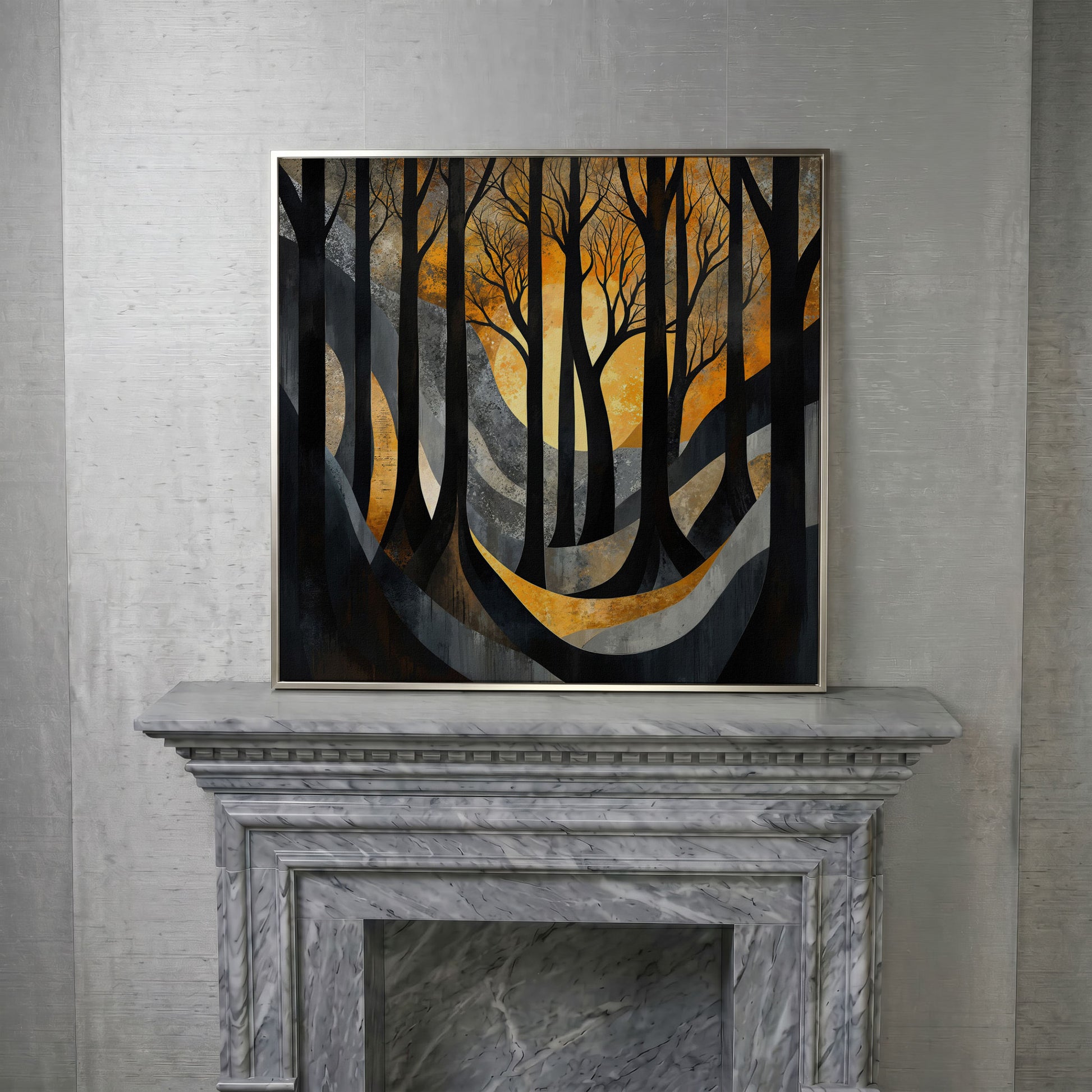Surreal Forest Landscape Canvas in silver floating frame