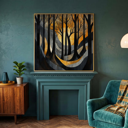Surreal Forest Landscape Canvas in yellow gold floating frame